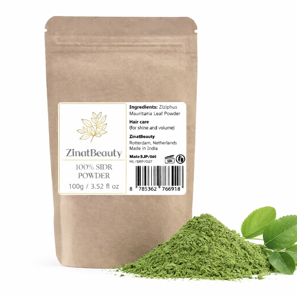 ZinatBeauty Sidr Powder packaging with green powder and leaves