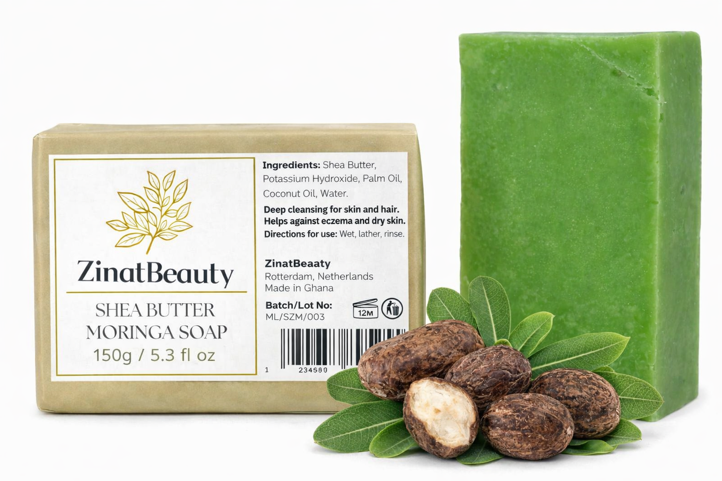 Green bar of soap with Zinal Beauty branding, shea butter, and leaves on a white background