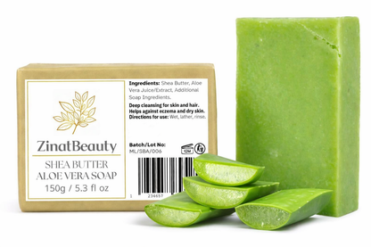 Green soap bar with aloe vera slices and ZinatBeauty packaging on a white background