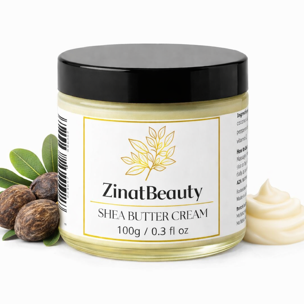 Jar of ZinatBeauty Shea Butter Cream with shea nuts on a white background