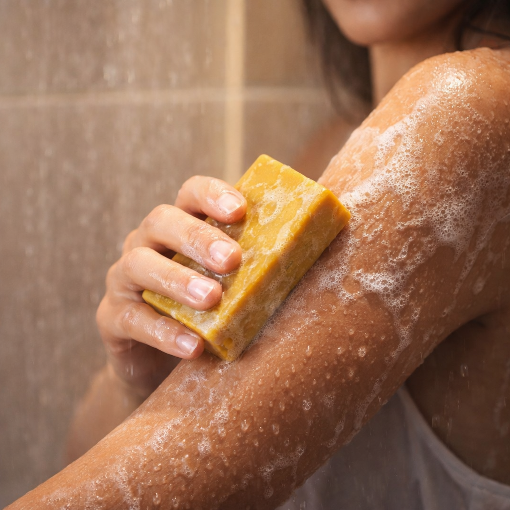 Person scrubbing their arm with a yellow bar of soap in a shower setting.