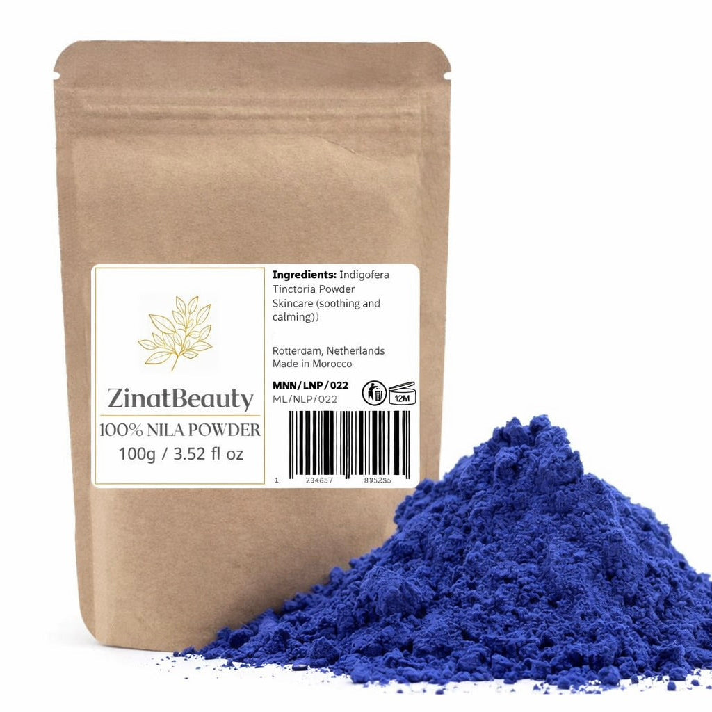 ZinatBeauty Nila powder packaging with blue powder