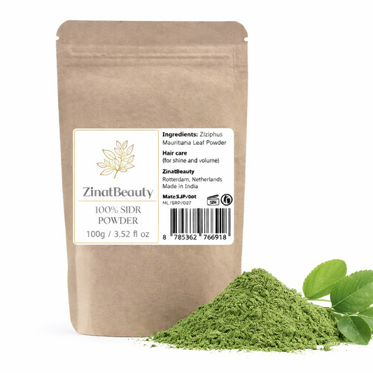 ZinatBeauty Sidr Powder packaging with green powder and leaves