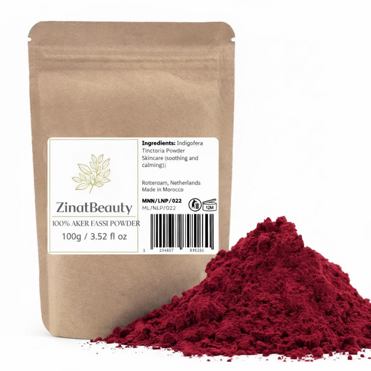 ZinatBeauty aker fassi powder packaging with red powder