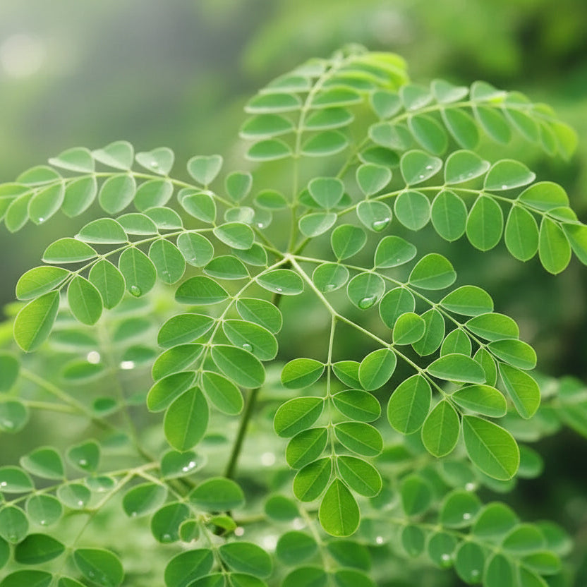Close-up of green leaves moringa with a blurred green background