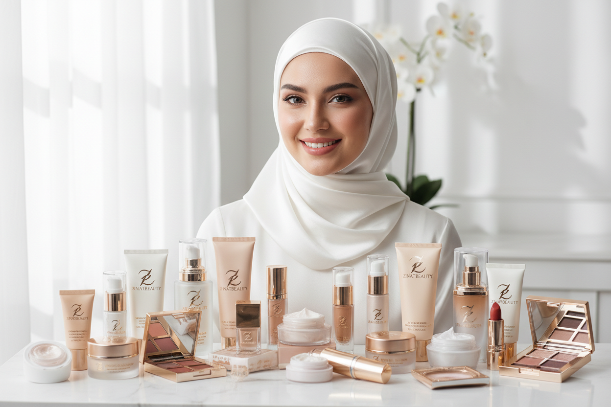 Jong mooi vrouw met hoofddoek en met ZinatBeauty producten