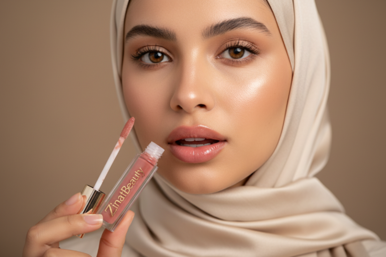 Jong mooi vrouw met hoofddoek focus op haar gezicht die een lipglos van merk ZinatBeauty gebruikt vlak bij haar lippen